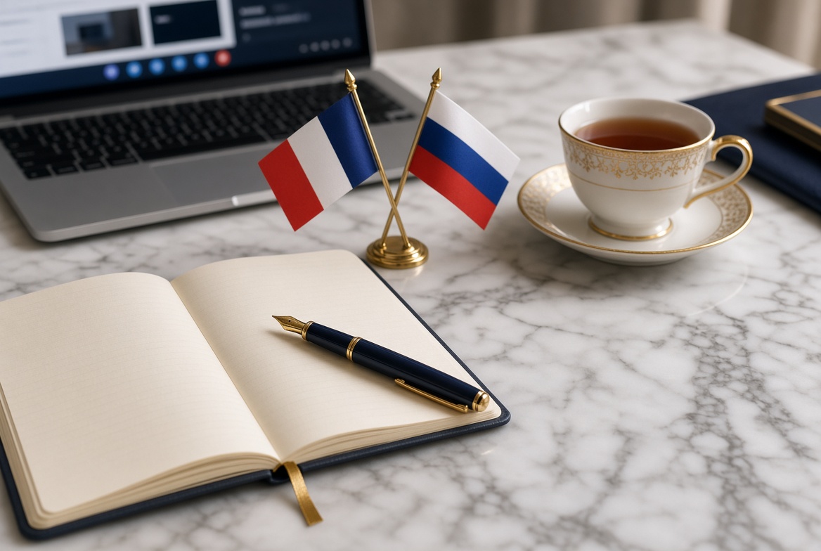 Cours en ligne Paris-Moscou : carnet, drapeaux et visio Teams